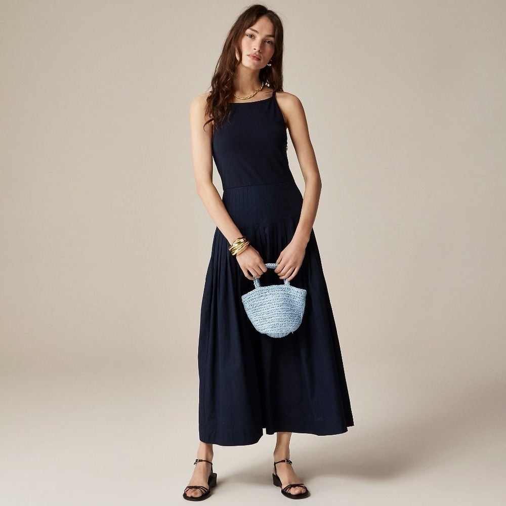 NWT! J. CREW Pintuck Mixy Tank Dress Solid Navy Blue Midi Pleated Preppy XXS